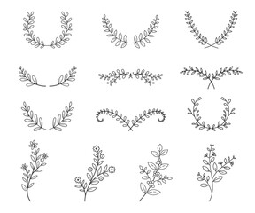 set of tree branches with leaves and flowers line style on white background © ctrlaplus