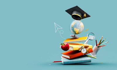 Globe with graduation hat and school accessory on blue background with copy space. 3D Rendering, 3D Illustration