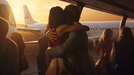 Capture the heartfelt farewell moments as passengers hug their loved ones before boarding, highlighting the emotional connections in the midst of travel." 