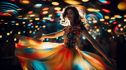 Create a bokeh-laden GIF of a woman twirling in a retro-inspired dress, with colorful lights and patterns reminiscent of the 60s disco era." 