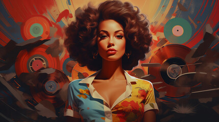 Design an album cover for a retro-inspired music collection, featuring a glamorous woman embodying the essence of the 60s era." 