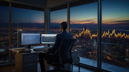 Stock Trader Man Using Multiple Monitors while working at night. Back view.