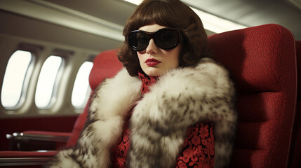 Capture the elegance of a woman in a luxurious fur coat and statement sunglasses, embodying the opulence of the 60s jet-set lifestyle." 