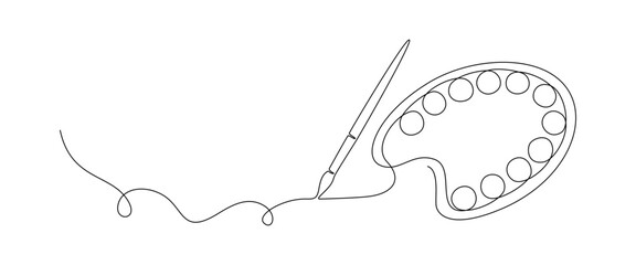 One continuous line drawing of brush and painting palette. Paintbrush symbol for creative and art school in simple linear style for logo and card. Editable stroke. Vector illustration © Olga Rai