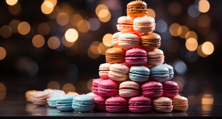 Christmas sweet tree made of macaroons, background of festive lights and gifts, macaroons lined with a mountain. Advertising and discounts of a confectionery. Christmas gifts and winter holidays 