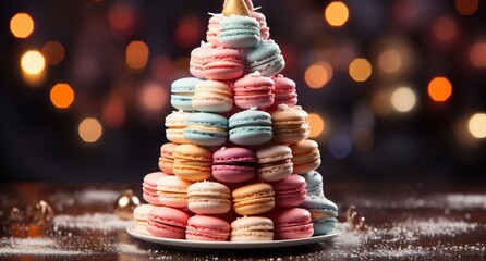Obraz premium Christmas sweet tree made of macaroons, background of festive lights and gifts, macaroons lined with a mountain. Advertising and discounts of a confectionery. Christmas gifts and winter holidays 