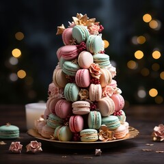Christmas sweet tree made of macaroons, background of festive lights and gifts, macaroons lined with a mountain. Advertising and discounts of a confectionery. Christmas gifts and winter holidays 