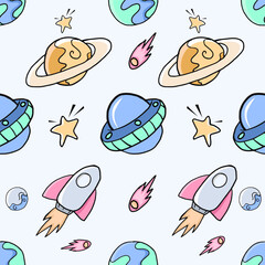 Illustration Vector Graphic Of Planet Space and Rocket Good For Wallpaper and Background