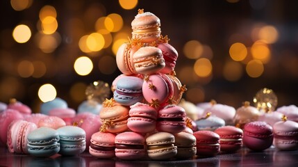 Christmas sweet tree made of macaroons, background of festive lights and gifts, macaroons lined with a mountain. Advertising and discounts of a confectionery. Christmas gifts and winter holidays 