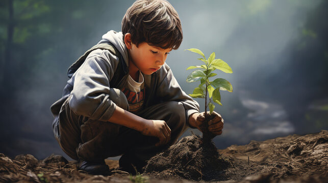 young boy planting a sapling, symbolizing his commitment to reforestation and combating deforestation to mitigate climate change