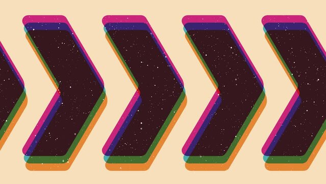 Loop animation with riso print effect. Vintage arrows animation element.Vintage decoration of 70s 80s, 90s. Aesthetics of the risograph and old school style. Deep space surfaces. Place for title