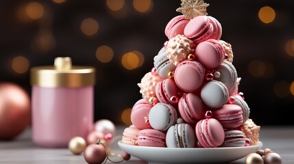 Christmas sweet tree made of macaroons, background of festive lights and gifts, macaroons lined with a mountain. Advertising and discounts of a confectionery. Christmas gifts and winter holidays 