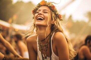 Portrait of a boho woman on a music festival Generative AI © GrayFrog