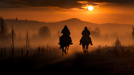 Mist scene at sunset with silhouettes of two cowboys riding their horses. Two outlaws approaching town from the wild west.
