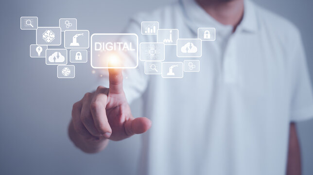 Big data analytics and business intelligence concept, with chart and graph icons on digital screen interface and business people in the background.