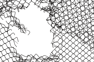 The texture of the metal mesh on a white background. Torn steel, metal mesh with holes