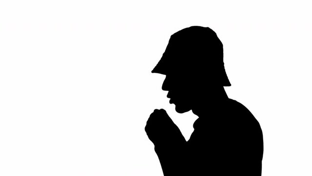 Black silhouette of a boxing middle-aged man. black and white mask