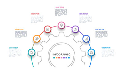 Infographic gears 7 processes to success. Cogwheel, process, options, steps. Vector illustration.