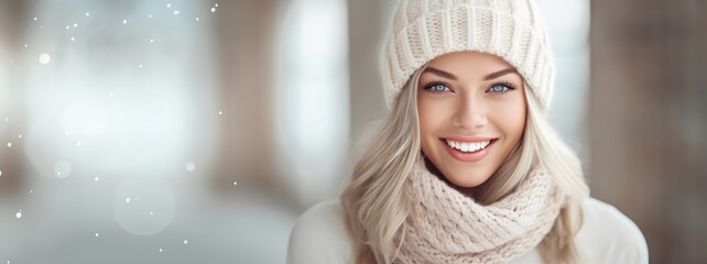 Beautiful woman posing in the snow on a winter day. Copyspace. - obrazy, fototapety, plakaty