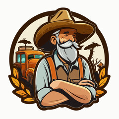 Farmer in a field with grain and tractor in the background. A healthy lifestyle, agriculture, farm concept. Cartoon vector illustration.