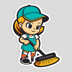 Cute woman maid a broom. Cleaning service and housework. Cartoon vector illustration.