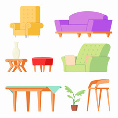 Furniture and chairs of various shapes and types for decorating and utilizing different rooms.