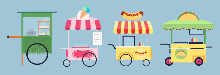 A set of various food stalls selling different kinds of food and snacks