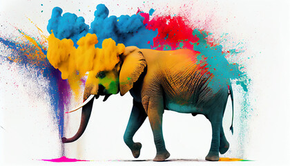 Elephant Happy Holi colorful background. Festival of colors, colorful rainbow holi paint color powder explosion isolated white wide panorama background, Ai generated image