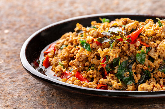 Stir Fried Holy Basil with Minced Pork, one of popular Thai food, Pad Gaprao Moo Sub, Pat Gra Prao Moo Sap, Pud Kaprao Mhoo Sab, Put Kra Prao Mhoo Sup , Phat Kaphrao Mooh Sub, Phad Krapow Mooh Sub