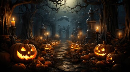 Obraz premium Halloween background for a zoom call with happy pumpkins. Generative AI