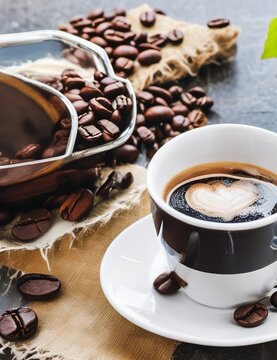 cup of coffee with beans and cinnamon