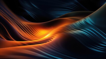 Dark teal or blue background with orange light, digital shifting smooth curve lines art, abstract 3D illustration