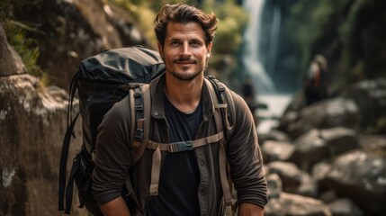 Obraz premium Photo of a man standing in awe in front of a majestic waterfall created with Generative AI technology