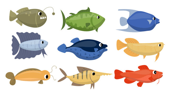 set of undersea fish various type in cartoon character
