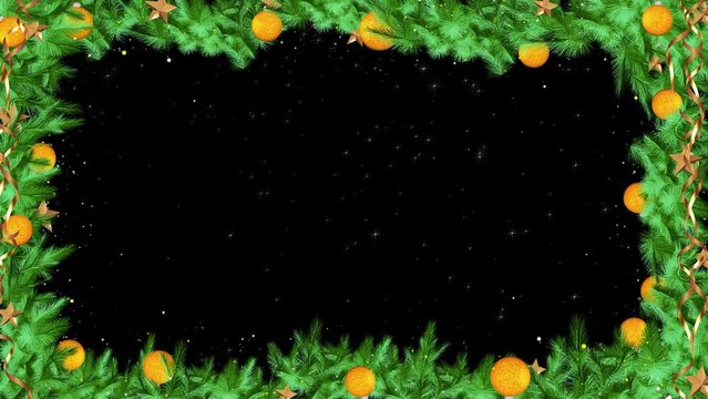 4K 3D Christmas festive snowflakes frame twinkling lights flashing, tree fir branches, decorations. Space for design greeting card, commercials. snowflakes. confetti, gift boxes. New Year Christmas