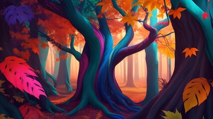 A majestic forest of vibrant colors, with elegant leaves cascading from the branches and a bright, abstract 3D mural painting in the background.
