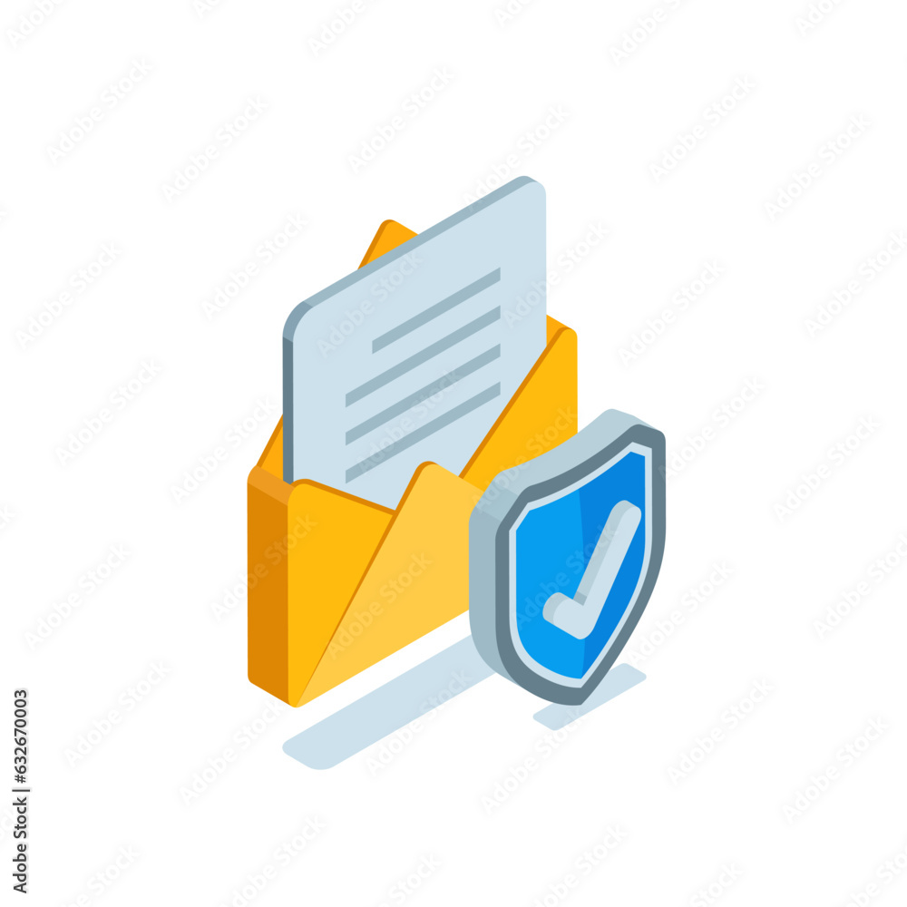 Poster isometric shield with check mark and envelope in color on white background, secure email or letter