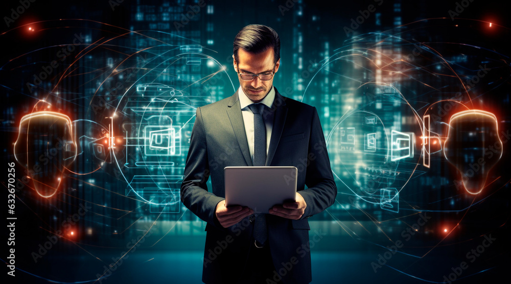 Poster cybersecurity data protection, businessman using laptop and smartphone internet network security, pr