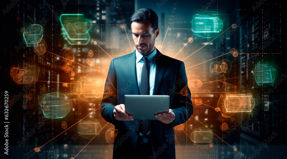 Poster cybersecurity data protection, businessman using laptop and smartphone internet network security, pr