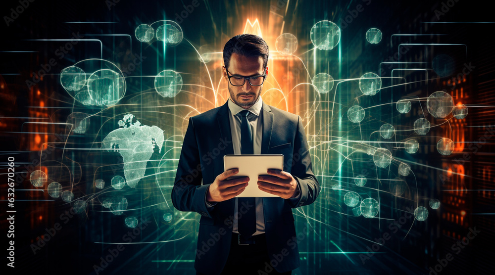 Poster cybersecurity data protection, businessman using laptop and smartphone internet network security, pr
