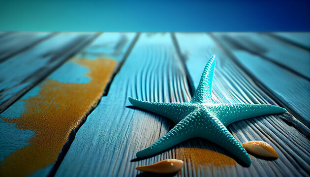 Background design summer travel vacation concept seasheel starfish on blue wooden floor, Ai generated image