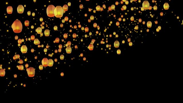 Floating lanterns in Yee Peng Festival Flying Sky burning flame lanterns Animation Background. Diwali festival, Autumn Festival or Chinese festive. Luminous floating lamps night sky Lanterns floating.