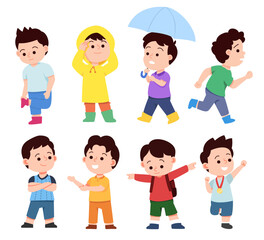 Set of little boys various poses and emotions cartoon vector