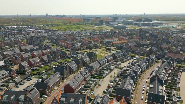 Aerial drone view on a residential area with many houses in Valkenburg, the Netherlands