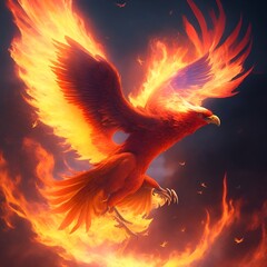 Red and yellow bird with orange and yellow flames on it's wings generative ai