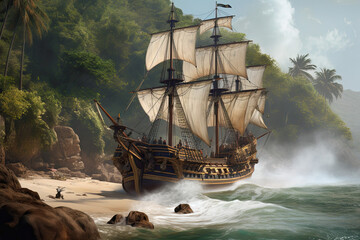 Christopher Columbus' expedition landing on the island of San Salvador in the 15th century. generative Ai.