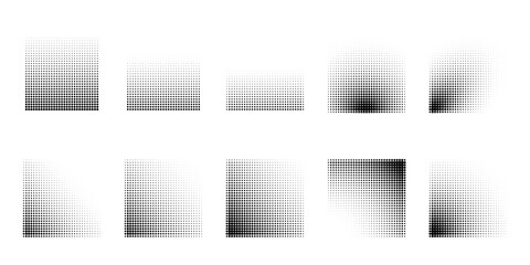 Halftone grain noise gradient squares. Pointillism gradient pattern. Stochastic grange texture. Sand stipple dotwork effect for tattoo. Dotted square, stipple element. Vector background.