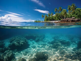 Split view of the crystalline waters, the diversity of marine life and a beautiful island of this tropical paradise.