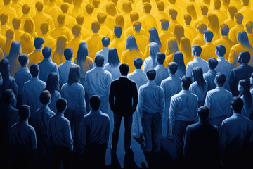 Obraz premium Back view of people and man stand out from crowd. Concept of individuality and uniqueness