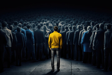 Back view of people and man stand out from crowd. Concept of individuality and uniqueness